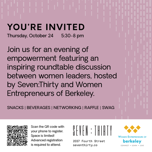 weBerkeley's tweet image. Women Entrepreneurs of Berkeley Present: Evening of Empowerment
Thursday, October 24  |  5:30-8pm
Seven:Thirty Skincare  |  2037 Fourth St.

FREE to attend – space is limited! Advanced registration is required.

REGISTER NOW: web.berkeleychamber.com/events/WomenEn…