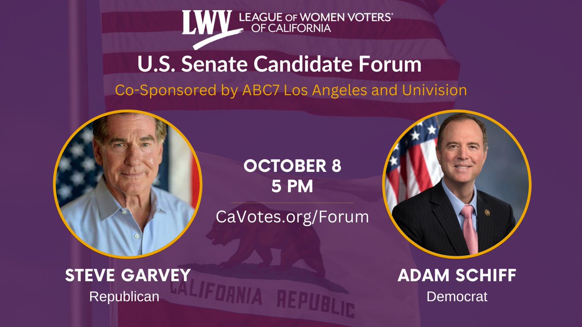 📣Join the LWVC &amp; co-sponsors <a href="/ABC7/">ABC7 Eyewitness News</a> &amp; <a href="/Univision/">Univision</a> for the 2024 U.S. Senate Candidate Forum!
🗓️Live Broadcast: Oct 8, 5 PM
🇪🇸Spanish Re-Broadcast: Oct 9, Noon on <a href="/Univision/">Univision</a>!
Watch live: CaVotes.org/Forum.
Media credentials due by Oct 4: bit.ly/3TWKB5h
#CASenateForum