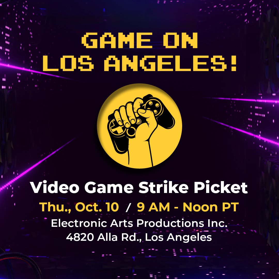 Game on Los Angeles! We're teaming up on the #VideoGameStrike picket line at Electronic Arts Productions Inc.! Come show your support for video game performers next Thursday, 10/10 at 9 AM - Noon! It's time to #LevelUpTheContract. 💪🎮 

For more info: ow.ly/7gk350TCLyJ