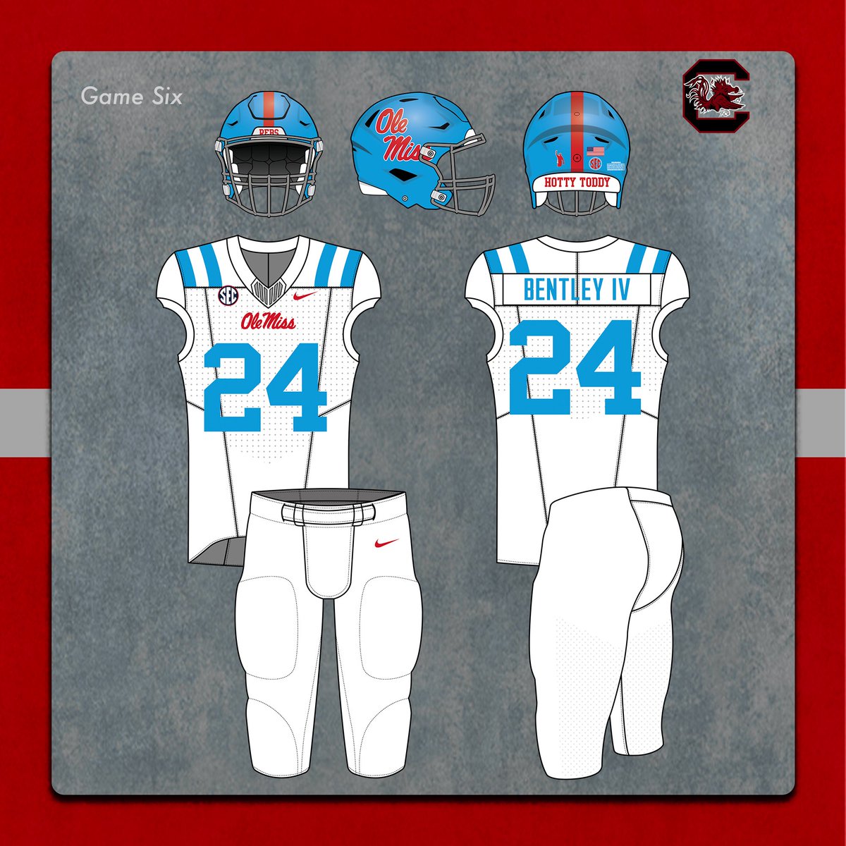 OleMissUnis's tweet photo. Ole Miss will be wearing the new powder accented white uniform with the powder helmet against South Carolina this weekend.
#HottyToddy | #DripInTheSip | #RebThreads https://t.co/cbrcKOlrpR