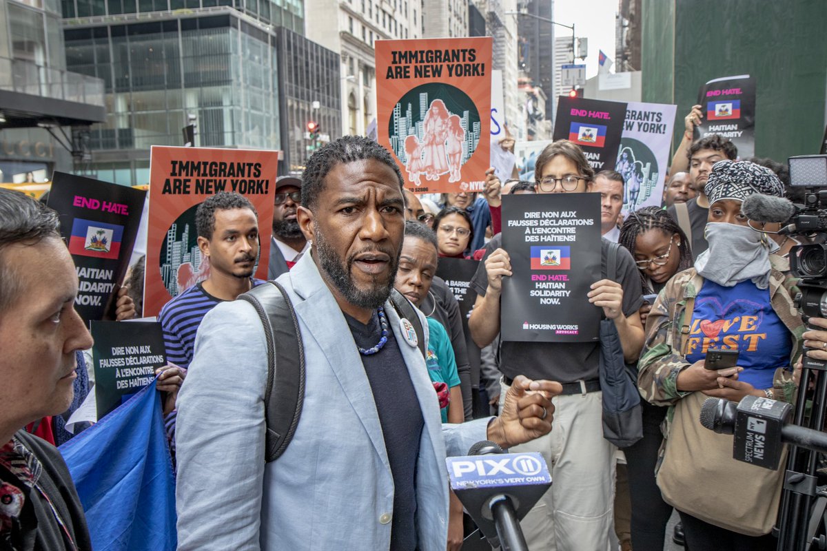 nycpa's tweet photo. Today we stood outside of Trump Tower in solidarity with the Haitian community to fight back against hateful lies and xenophobic policy proposals being pushed.

Immigrants ARE New York City, and our nation. We won’t allow communities to be demonized or discriminated against. https://t.co/wgjuKtZ47S