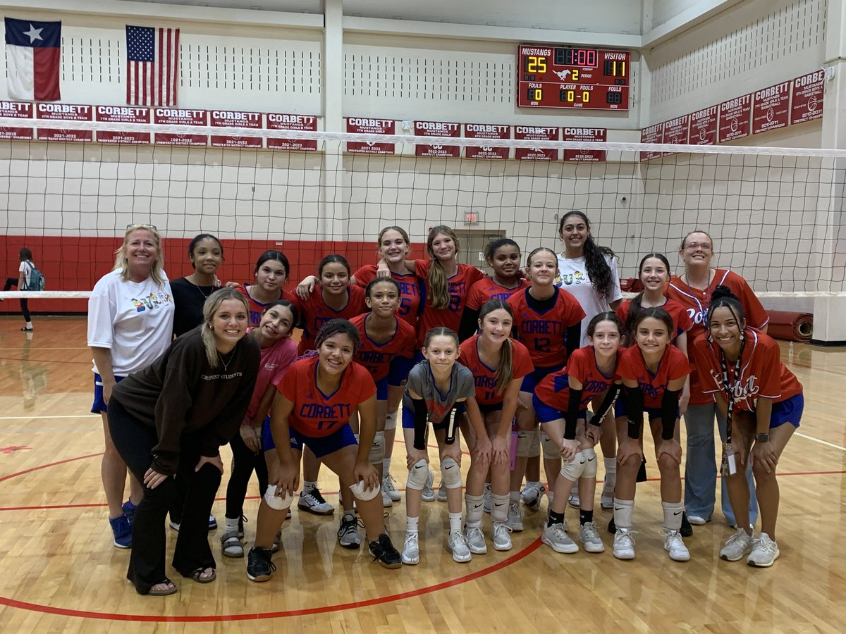 Corbett 7th Grade A team with the win over Kirby! We love supporting our Mustangs! Way to go ladies!❤️💙💛