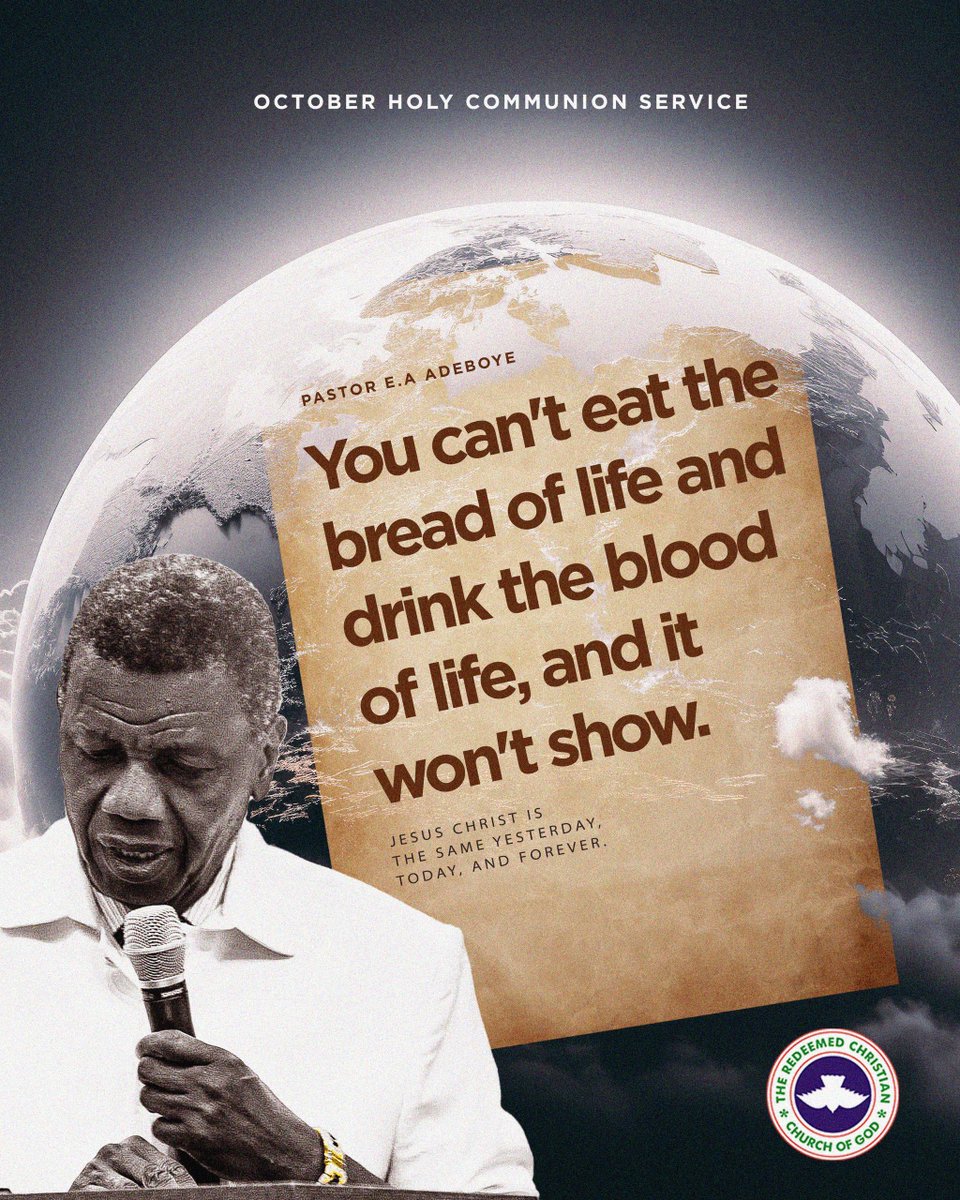 TheHGService's tweet photo. ▪︎ You can't eat the bread of life and drink the blood of life, and it won't show.

- Pastor Adeboye 

October 2024 Holy Communion Service
#Dominion https://t.co/AZ1Pz14HDU