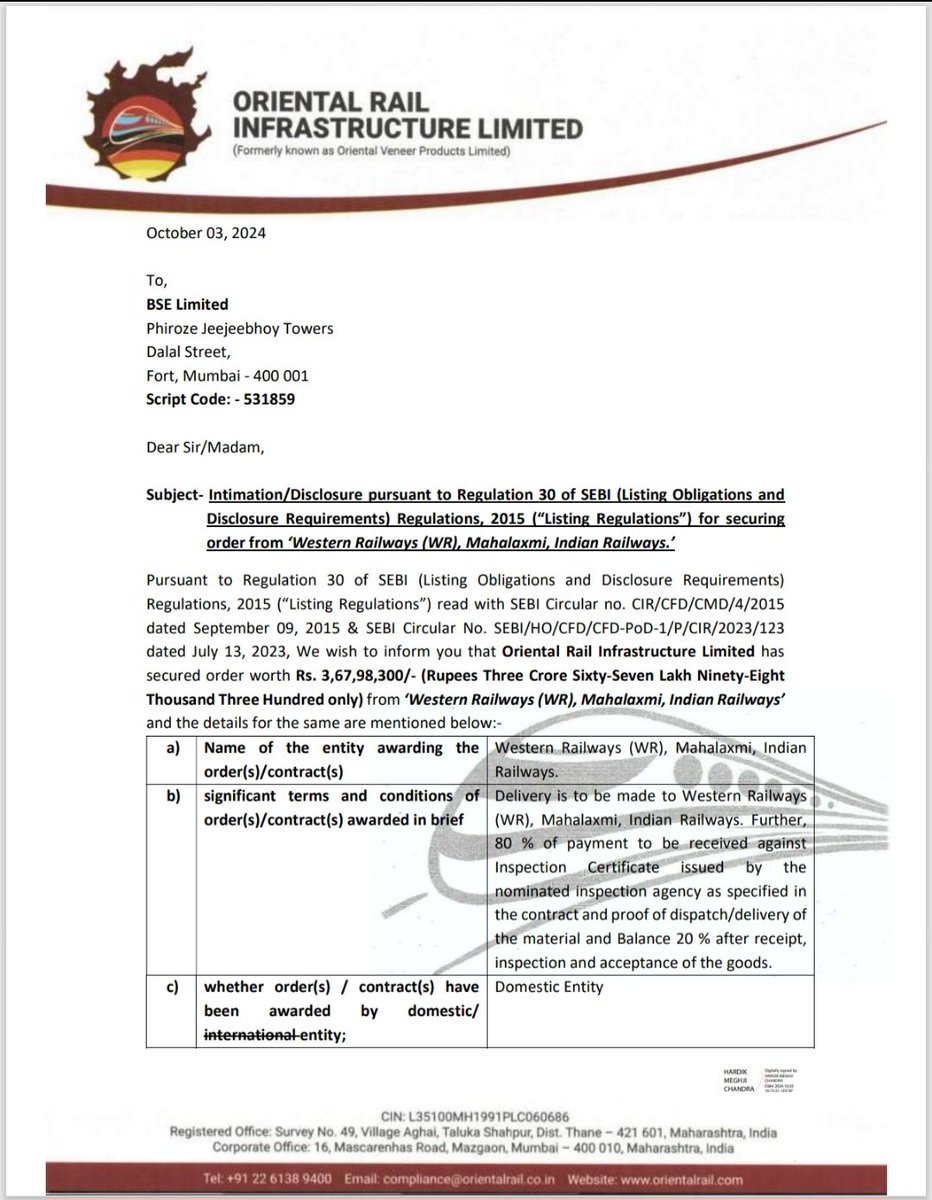 Jayasateesh1's tweet photo. 📚Oriental Rail Infrastructure Ltd received order worth Rs.3,67,98,300/- from Western Railways(WR),Mahalaxmi,IndianRailways.👍
#vismaya26
#ORIL https://t.co/hH8fdEpnmo