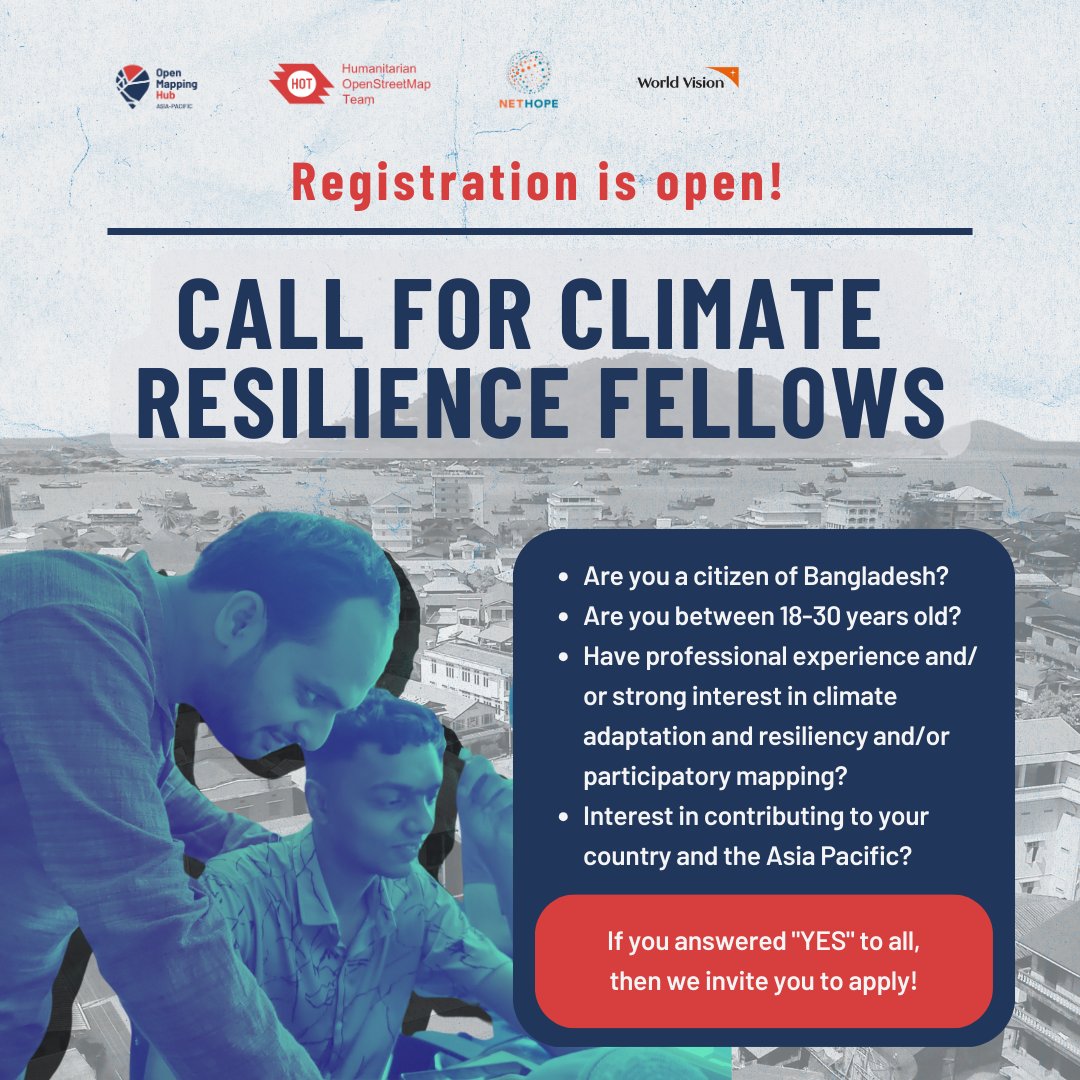 openmapping_ap's tweet image. 📣The registration for the Climate Resilience Fellowship is now OFFICIALLY OPEN! 📣

AP Hub is launching the Climate Resilience Fellowship, with the support of NetHope. 

Learn more about the Climate Resilience Fellowship here: tinyurl.com/CRFBriefer2024

#APHub #HOT #NetHope #OSM