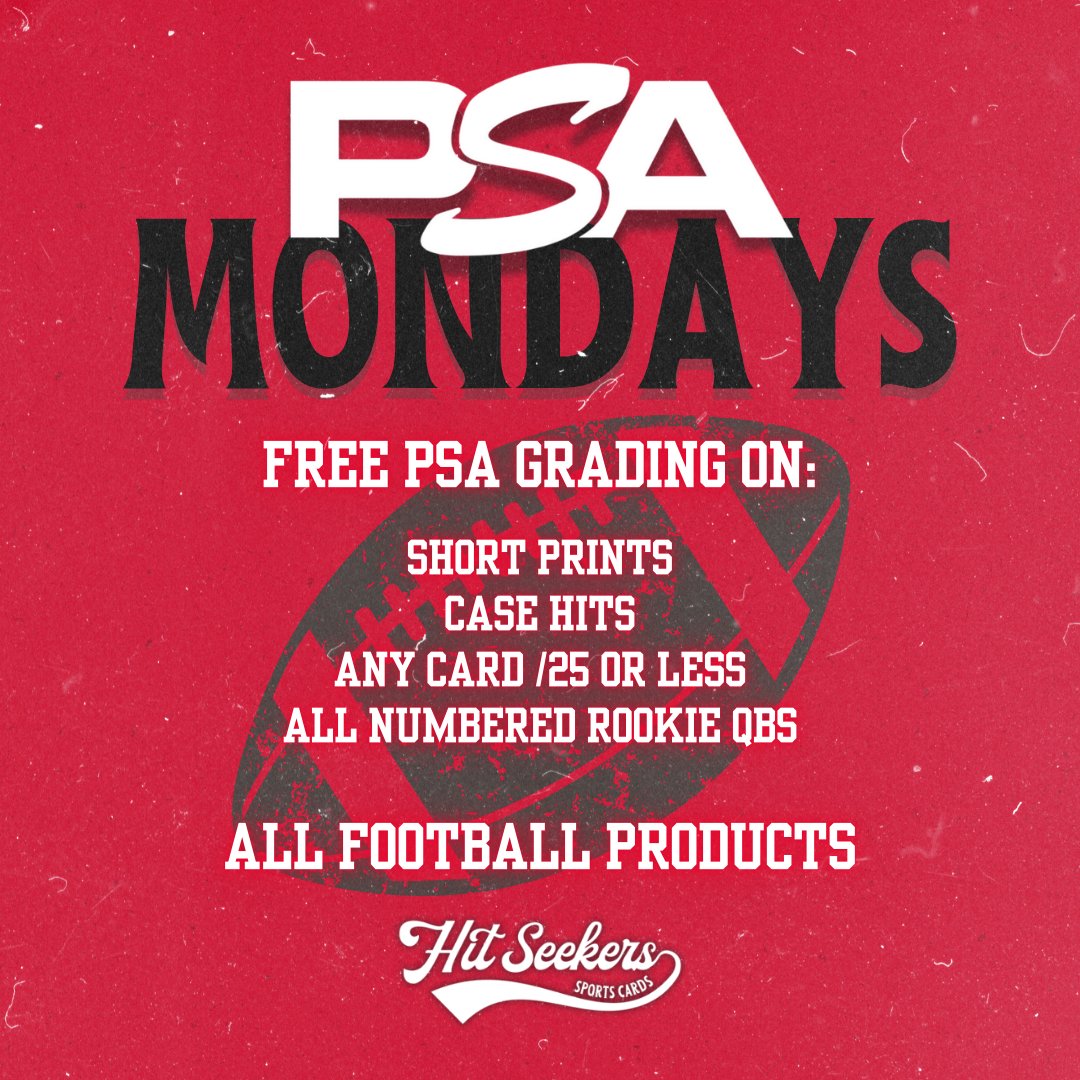 Hit_Seekers's tweet photo. Starting this Monday and through the end of the NFL season, we're offering free value level PSA grading services on all football products purchased on stream! Drop into our Loupe or Fanatics Live stream any time, any Monday to participate! Link in bio. https://t.co/cH2Xwb1OlU