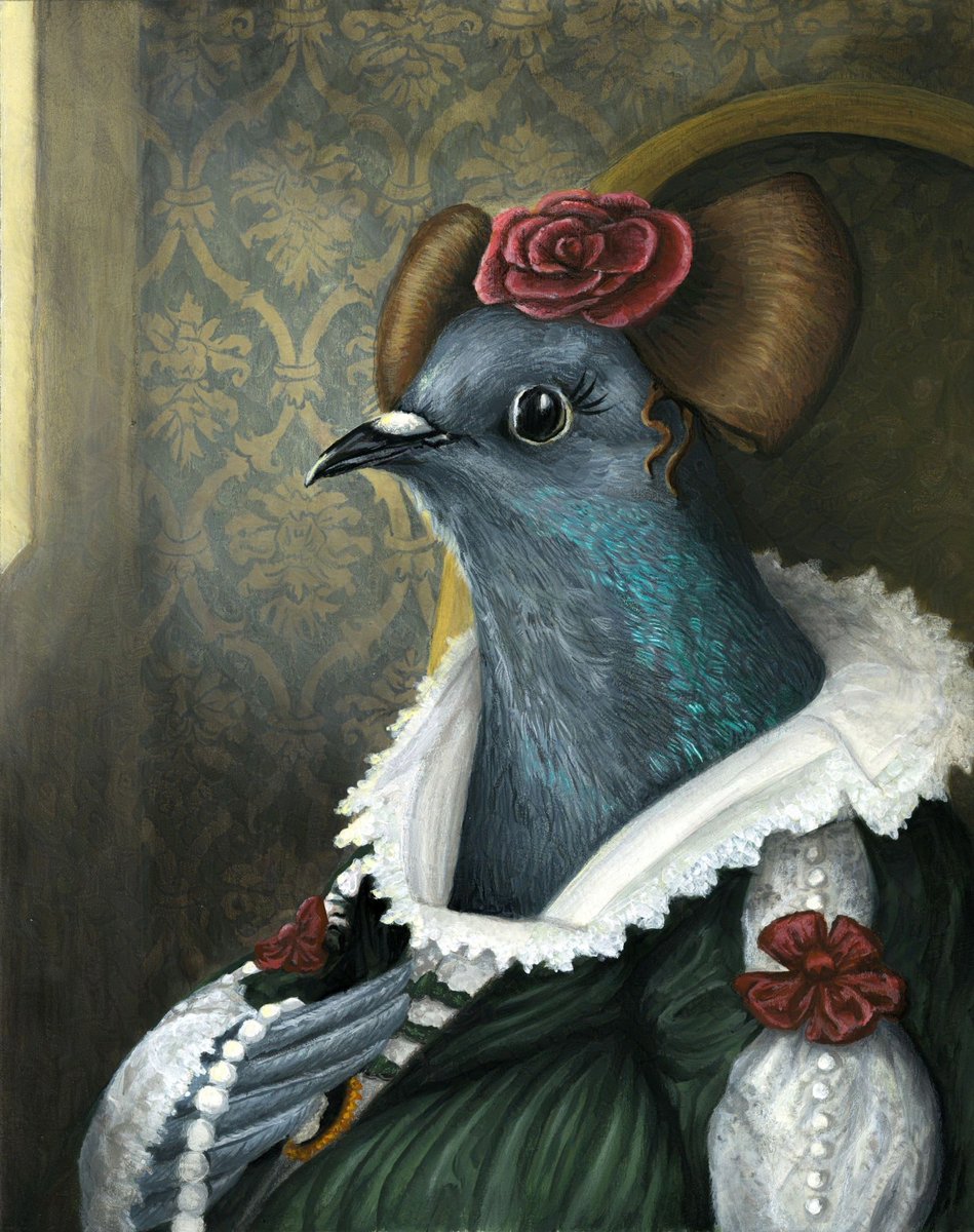 ConnieResch's tweet photo. My finished pigeon portrait, mixed media on illustration board. She needs a name and I have thought of calling her Ms. Penelope Featherbottom 🤔 I might even go as far as to frame her! #portraitpainter #illustrationart #editorialillustration #illustratorsmagazine #birdlover https://t.co/iICxBg1ndH