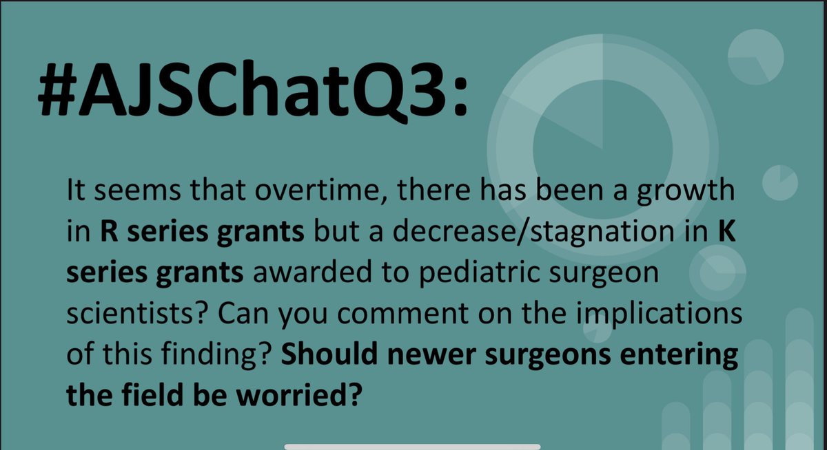 #AJSChatQ3 <a href="/NikhilShah_MD/">Nikhil Shah, MD</a> <a href="/SamirGadepalli/">Samir Gadepalli</a>: It seems that overtime, there has been a growth in R series grants but a decrease/stagnation in K series grants awarded to pediatric surgeon scientists? Can you comment on the implications of this finding? Should newer surgeons entering