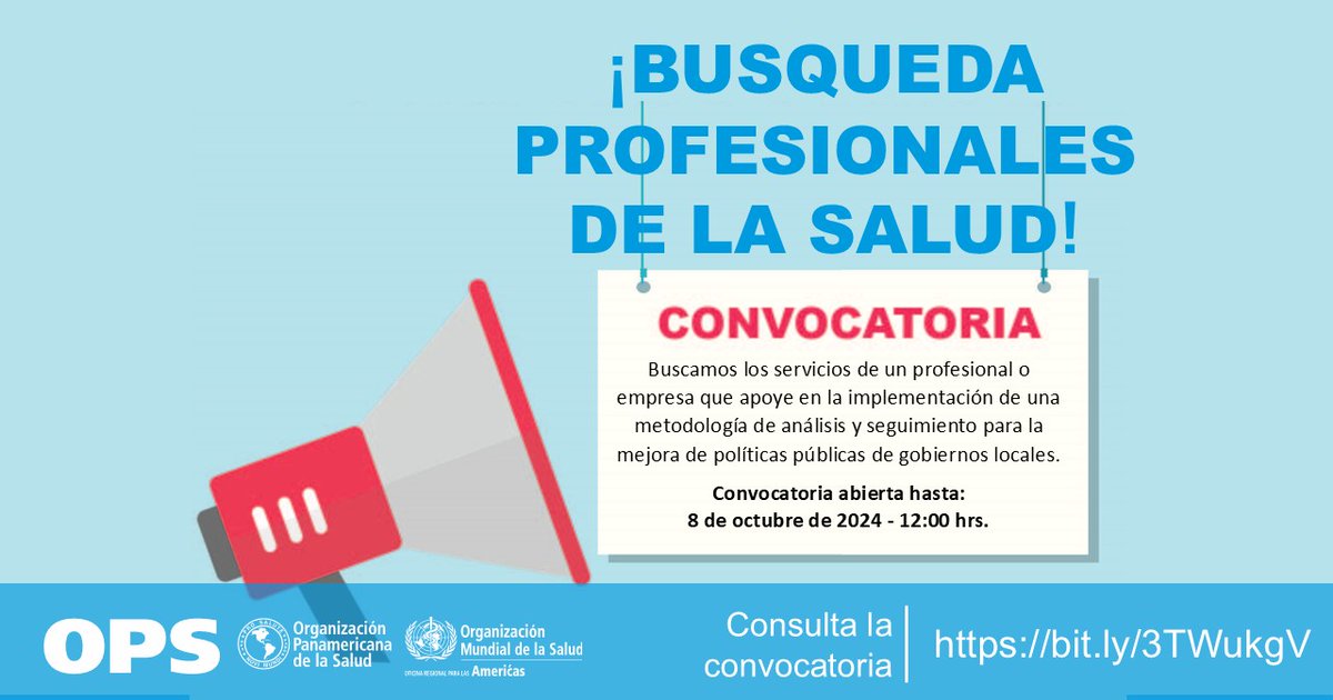 OPSOMSMexico's tweet photo. 🔔Colabora con Nosotros💼
ℹ️ Tenemos una nueva convocatoria 👂
📈 Profesional o empresa que apoye al análisis y seguimiento de mejora de políticas públicas de gobiernos locales.
🔹Consulta la convocatoria: https://t.co/8Q22EzlUfJ
#EmpleosOPS #PAHOJobs https://t.co/HTUW8rw2Ic