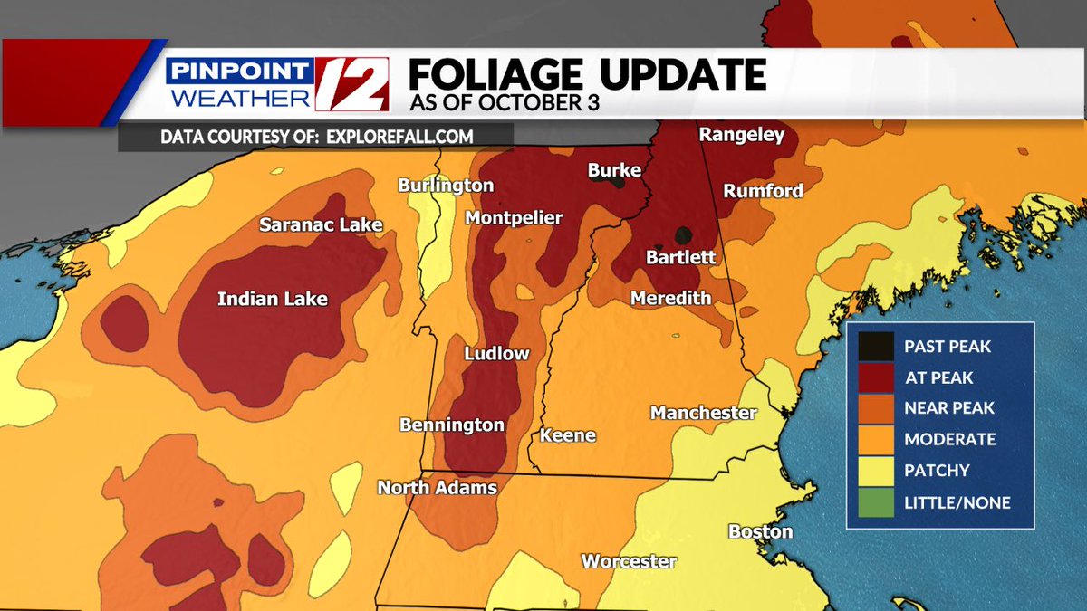 Latest Foliage update across New England. The north country is lighting up. Data courtesy of explorefall.com