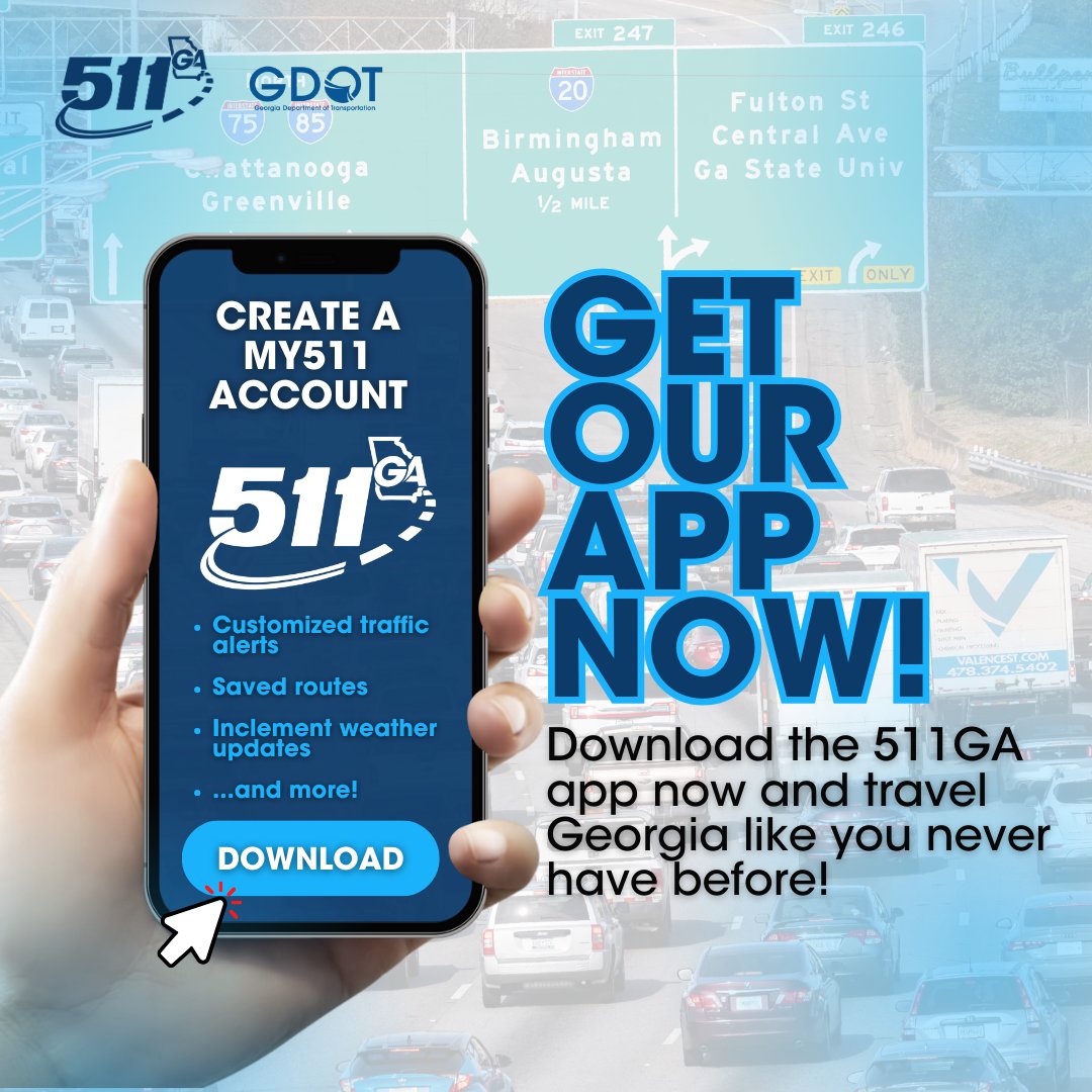 511Georgia's tweet image. Why should you create a 5️⃣1️⃣1️⃣GA account? 

Aside from CUSTOMIZED route alerts, did you know the 511GA app has #DriveMode?  Drive without distractions as traffic updates are read aloud for you.

Make every mile count &amp;amp; sign up today!📲