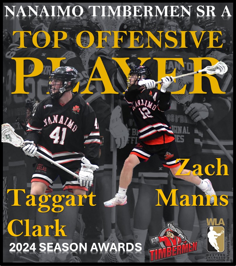 Your 2024 Nanaimo Timbermen Offensive Player of the Year Award is shared between Taggart Clark and Zach Manns!  Great work, guys!  #GoTmen @wlalacrosse