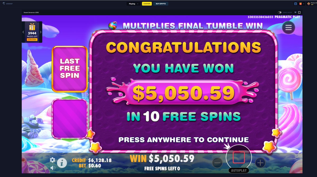 REDC0RN's tweet photo. .60 to 5050.59! Not a bad was to start the weekend early! ONLY AT @21bitsofficial Use code "Redcorn" When you sign up for $500 worth of prizes weekly! @PragmaticPlay https://t.co/r24cckOESJ