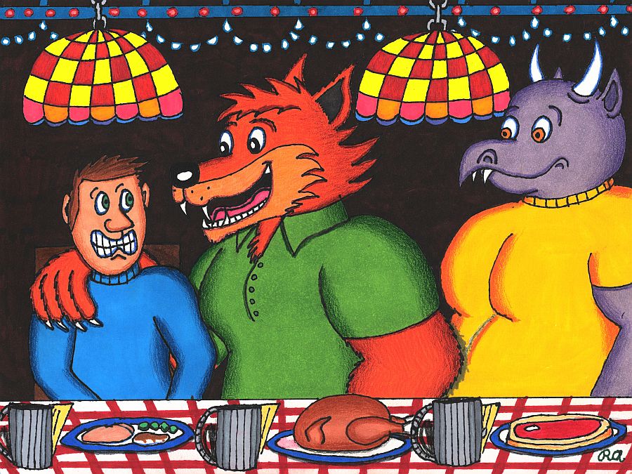 Bullard the Werewolf is being friendly with a fellow customer at a hof brau restaurant.