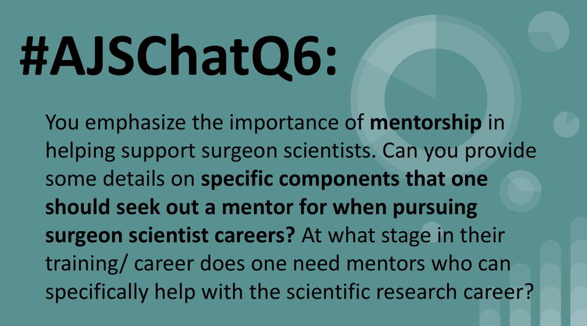 #AJSChat Q6 <a href="/NikhilShah_MD/">Nikhil Shah, MD</a> <a href="/SamirGadepalli/">Samir Gadepalli</a> <a href="/rebeccarenteaMD/">Rebecca Rentea, MD</a>: You emphasize the importance of mentorship in helping support surgeon scientists. Can you provide some details on specific components that one should seek out a mentor for when pursuing surgeon scientist careers? At