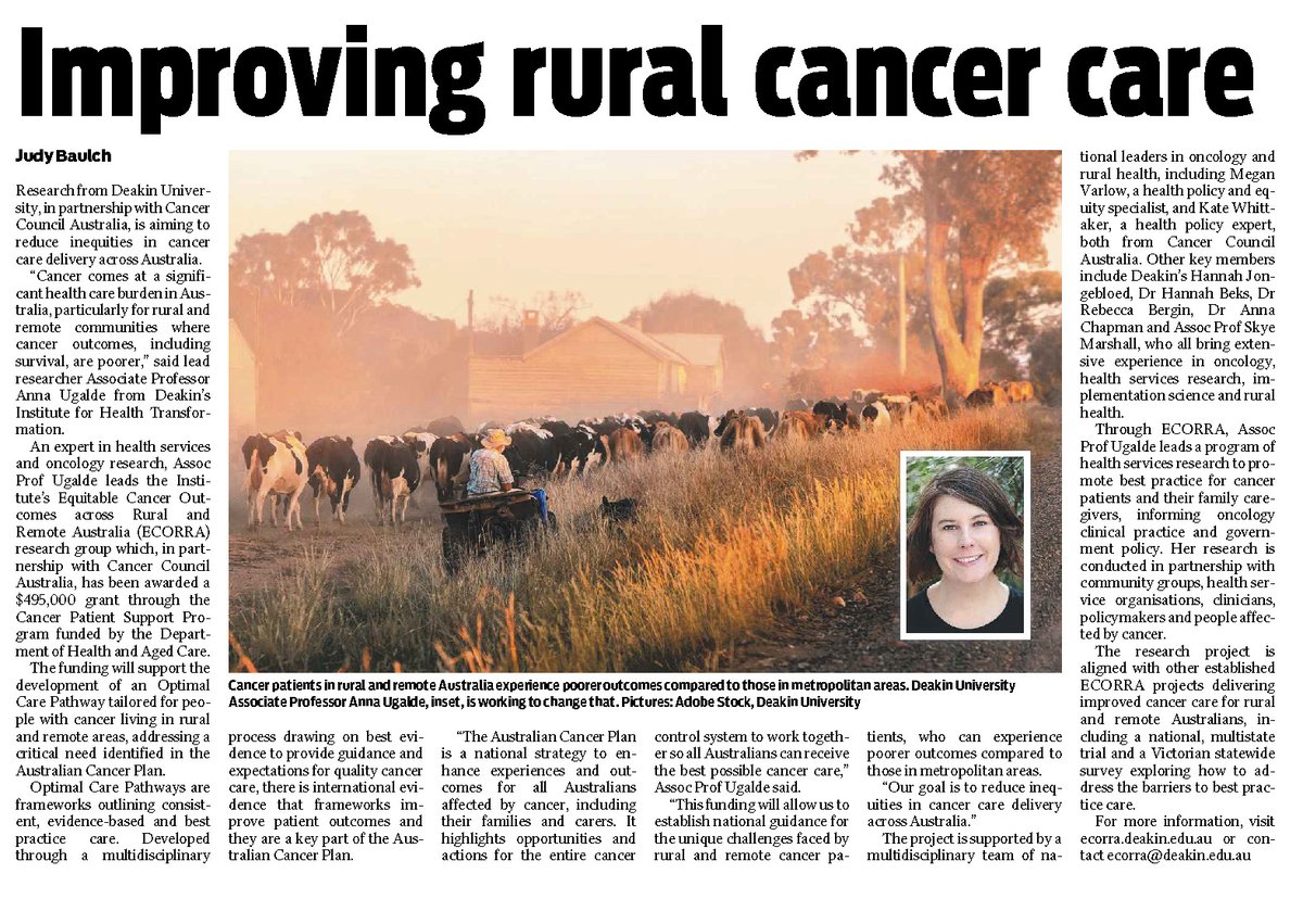 Appearing in the <a href="/geelongaddy/">Geelong Advertiser</a> today, researchers from the Equitable Cancer Outcomes across Rural and Remote Australia (ECORRA) research group, in partnership with <a href="/CancerCouncilOz/">CancerCouncilOz</a> are aiming to reduce inequities in cancer care delivery across Australia.
deakin.au/4gIIeNl