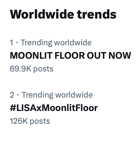 WORLDMUSICAWARD's tweet photo. #Lisa is now trending at #1 and 2 on X Worldwide after the release of her magic new song "Moonlit Floor"!  👏🆕🎶🌙💥1⃣&amp; 2⃣✖️🌎🔥👑💛

STREAM: https://t.co/uorY6Iy1Lq

MOONLIT FLOOR OUT NOW
#LISAxMoonlitFloor @wearelloud https://t.co/fPmfNIkst9
