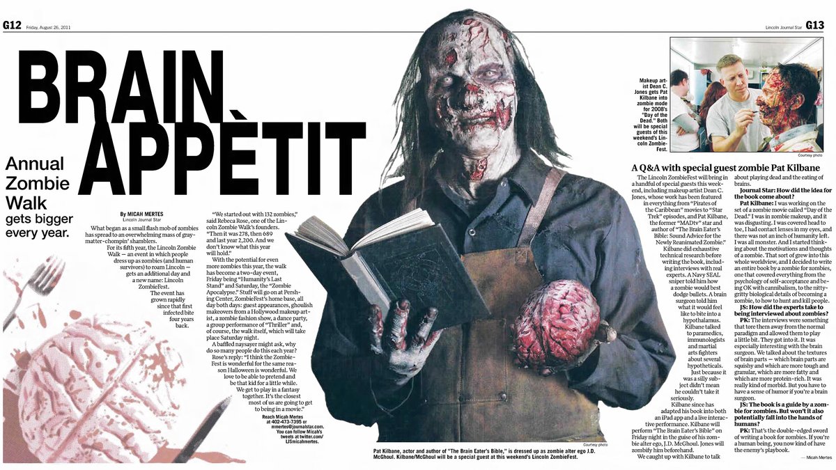 From when I was promoting my book at the 2011 Lincoln Zombie Walk. I think they had 3,000 zombies that year – an awesome spectacle. Makeup by Dean C. Jones; Photo by Brian Ulrich; Event organized by Rebeca Rose. #TBT