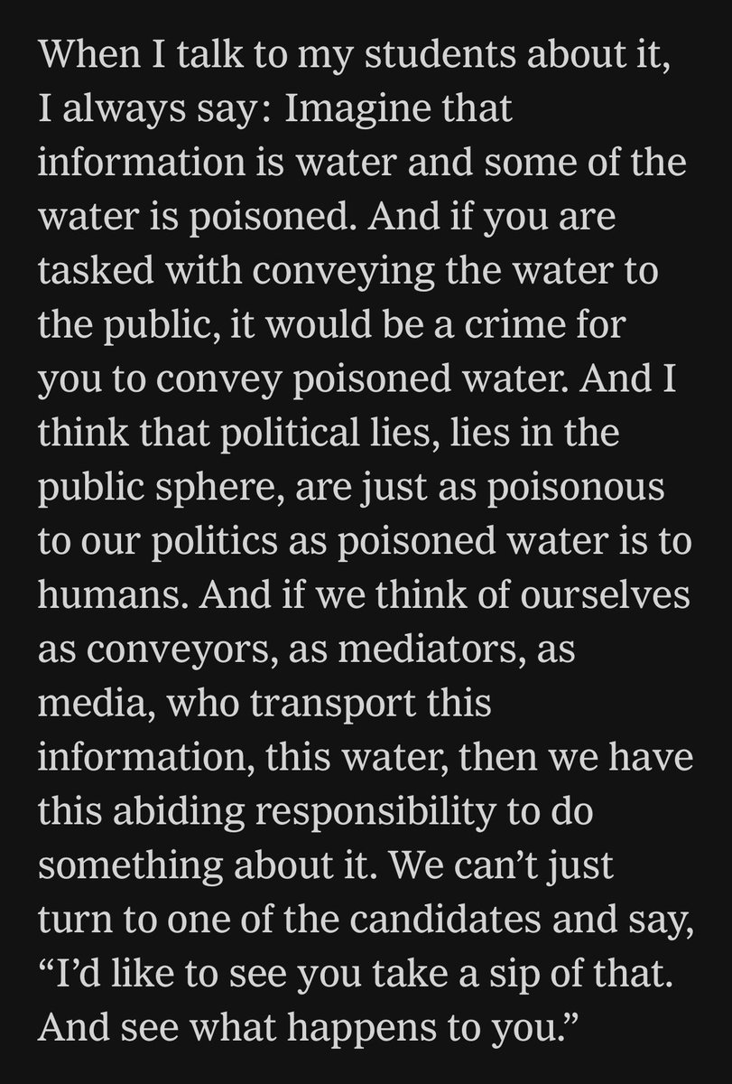 This from <a href="/mashagessen/">m. gessen</a> is precisely why journalists shouldn't platform climate deniers except possibly to flag their dangerous arguments for the public.

Gessen's allegory for disinformation &amp; the news media's responsibility in dealing with it seems unassailable to me.