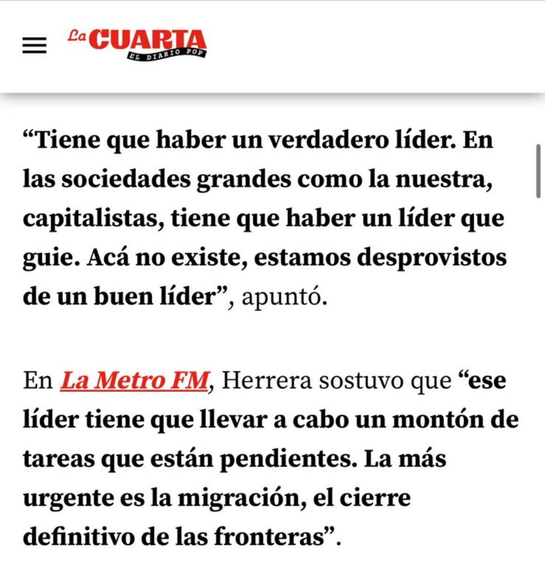 Y si!! “Nos falta un verdadero líder”. Ya basta del ingreso de tanta delincuencia!! Nos están matando, Chile está completamente vulnerado, hasta cuanto más debemos soportar.

Quien llegue a Chile a trabajar, a contribuir bienvenidos. El delincuente afuera!!

#Cierrenporfuera 👊