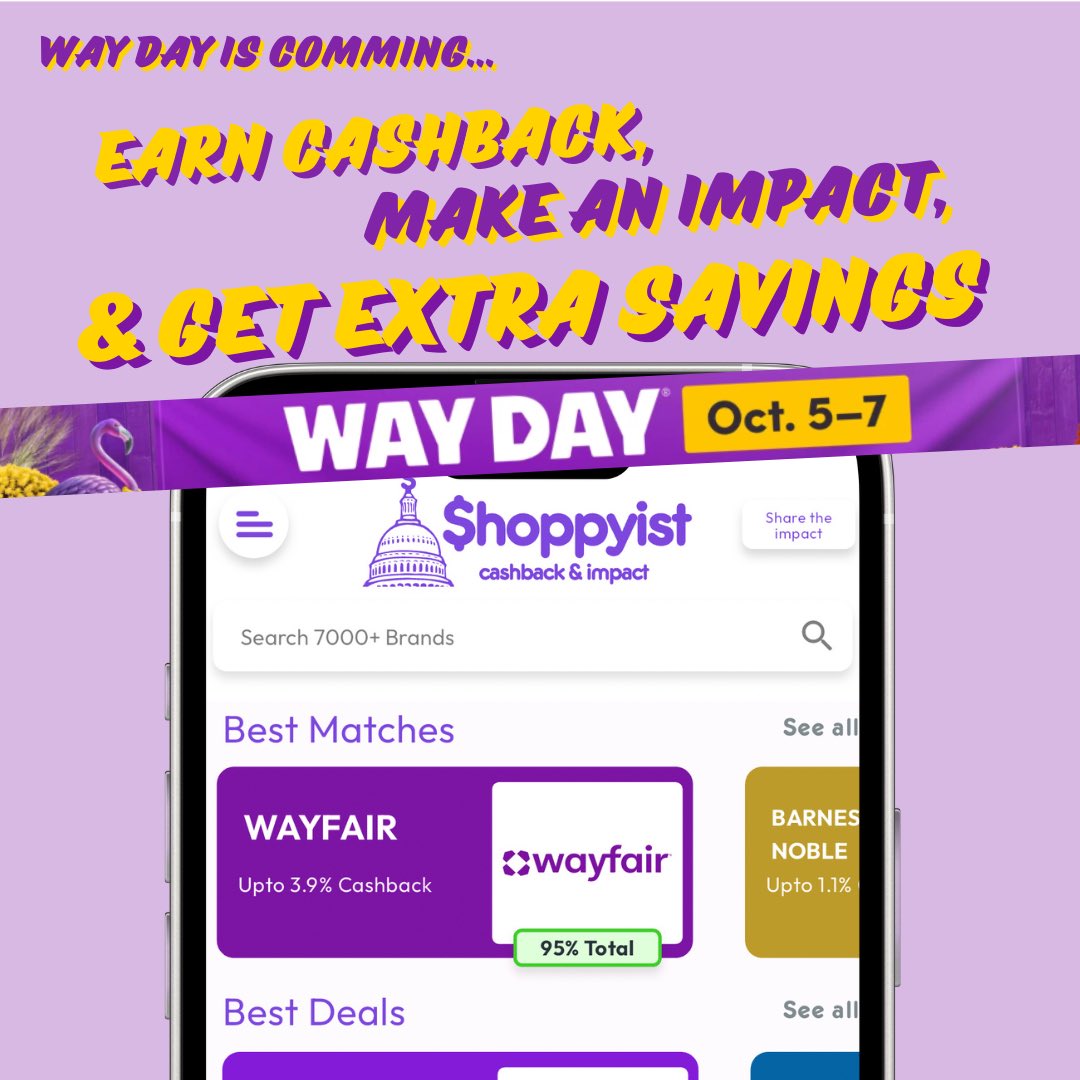 shoppyist's tweet image. #WayDay(s) at @Wayfair are coming and you can earn up to an extra 3.9% #cashback in our app on top of the savings!

Make a difference and some money!
#shopyourvalues 
#CashbackWithImpact