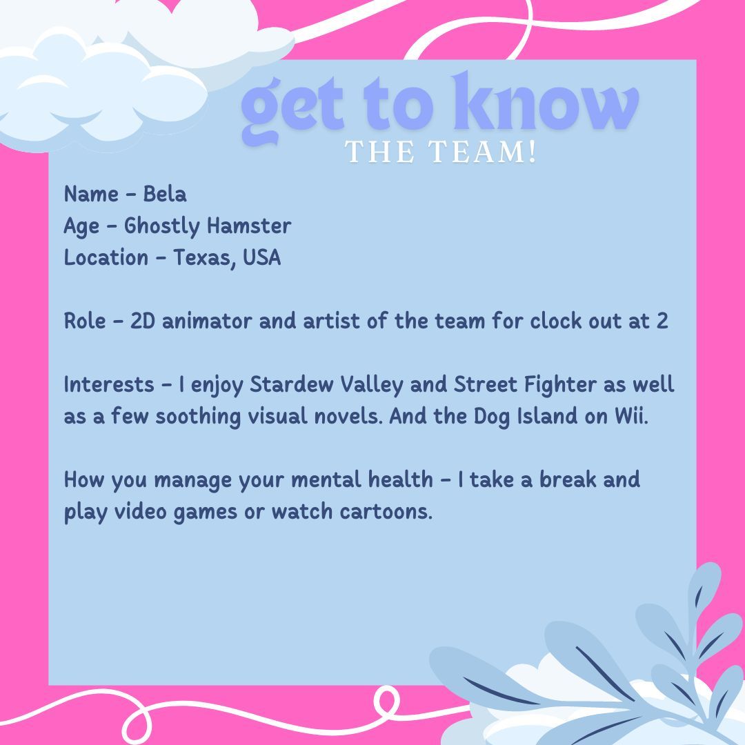 Get to know the team! These are the people who are working on Clock out at 2 so feel free to ask us any questions about the game or ourselves in the comments :)  #Aboutme #Gettoknow #Clockoutat2