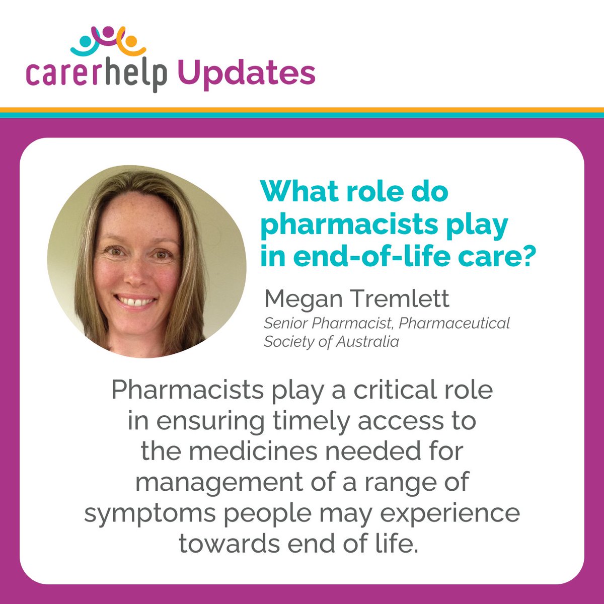 CareSearch's tweet image. #Pharmacists play a helpful role in supporting #Carers caring for someone during #EndofLifeCare, providing guidance on medicine use💊, prescription management + alternatives during shortages.

Read this #CarerHelp blog w/Megan Tremlett from @PSA_National➡️ carerhelp.com.au/News/CarerHelp…