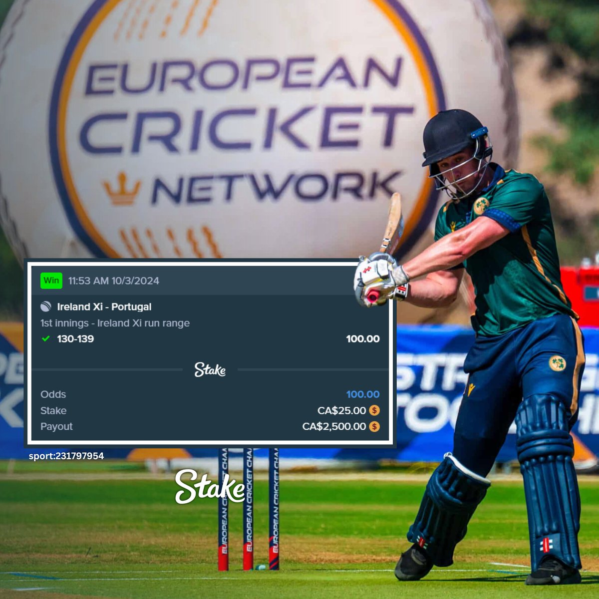 Stake's tweet photo. Margins just don't get finer than this! 🫣

Ireland's Daniel Murray got runout on the last ball to end their innings at exactly 139 and sealed this crazy #EuropeanCricket bet 🤯 https://t.co/LOWa3TczGC
