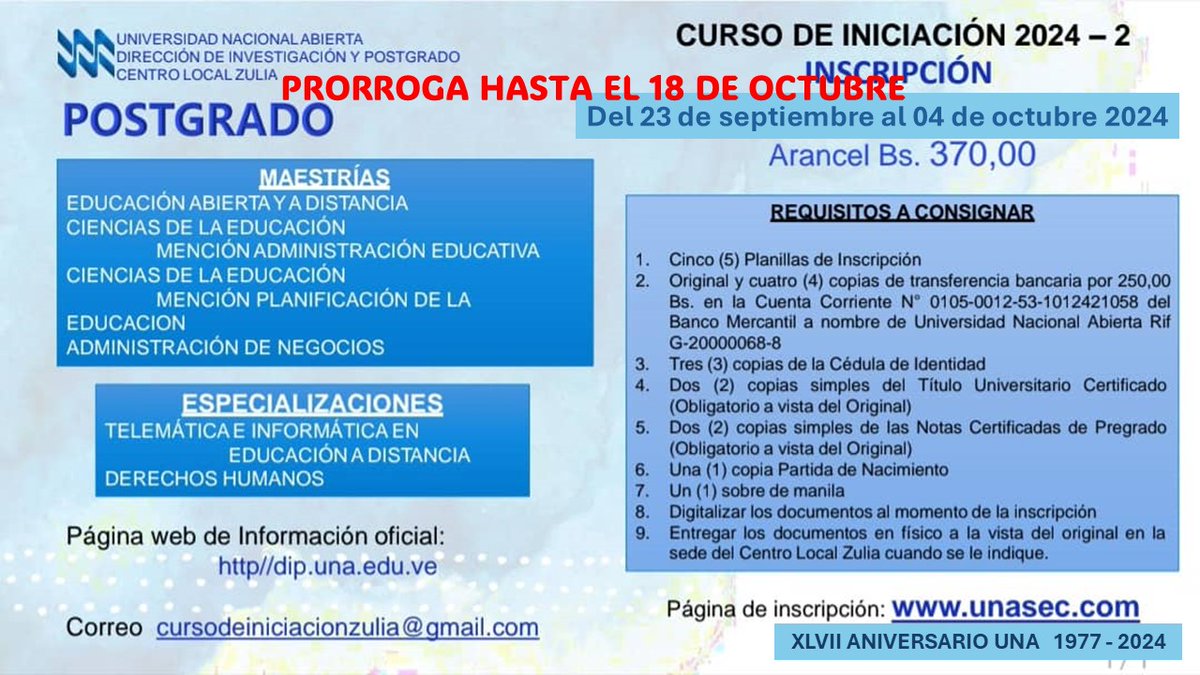 Prorrogadas inscripciones de Postgrado UNA hasta el 18 de octubre