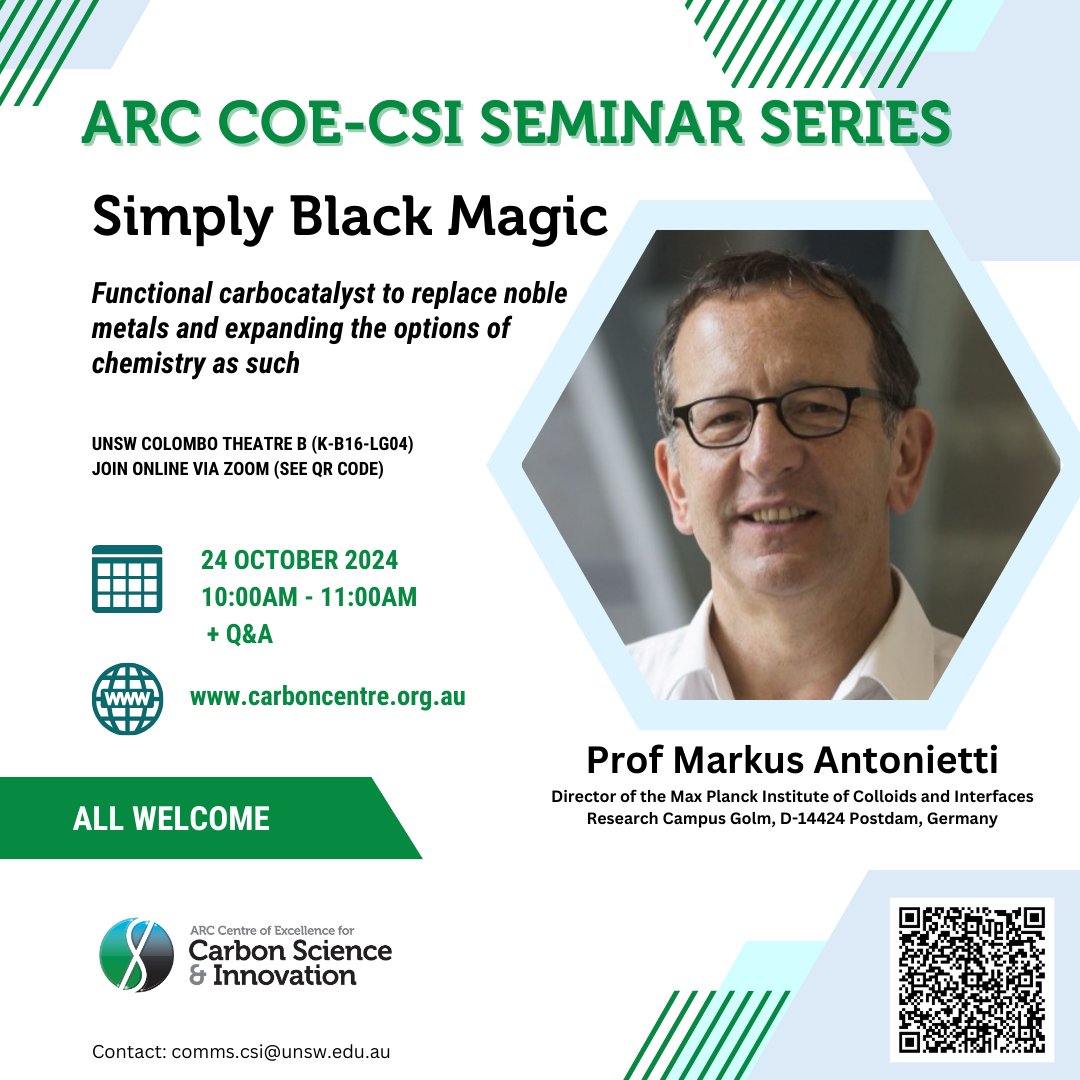 ARC COE for Carbon Science & Innovation (@carbon_science) on Twitter photo *Venue Change*
Our Centre is excited to welcome Professor @Markus Antonietti from <a href="/MpiciPotsdam/">Max Planck Institute of Colloids and Interfaces</a> to present his seminar ‘Simply Black Magic: Functional Carbocatalyst to Replace Noble Metals and Expanding the Options of Chemistry As Such.’ Join us here: eventbrite.com.au/e/arc-coe-csi-… *Venue Change*
Our Centre is excited to welcome Professor @Markus Antonietti from <a href="/MpiciPotsdam/">Max Planck Institute of Colloids and Interfaces</a> to present his seminar ‘Simply Black Magic: Functional Carbocatalyst to Replace Noble Metals and Expanding the Options of Chemistry As Such.’ Join us here: eventbrite.com.au/e/arc-coe-csi-…