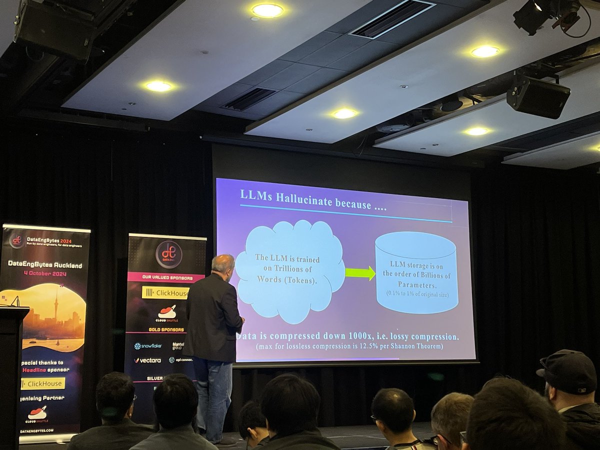 Lauren Peate (@lmpeate) on Twitter photo Great talk from <a href="/awadallah/">Amr Awadallah 🤖</a> about how RAGs reduce LLM hallucination. Also, til that hallucination happens because LLMs compress beyond the 12.5% lossless limit proved by the Shannon Theorem.
Thanks <a href="/dataengbytes/">DataEngBytes Conferences</a> for hosting! Great talk from <a href="/awadallah/">Amr Awadallah 🤖</a> about how RAGs reduce LLM hallucination. Also, til that hallucination happens because LLMs compress beyond the 12.5% lossless limit proved by the Shannon Theorem.
Thanks <a href="/dataengbytes/">DataEngBytes Conferences</a> for hosting!