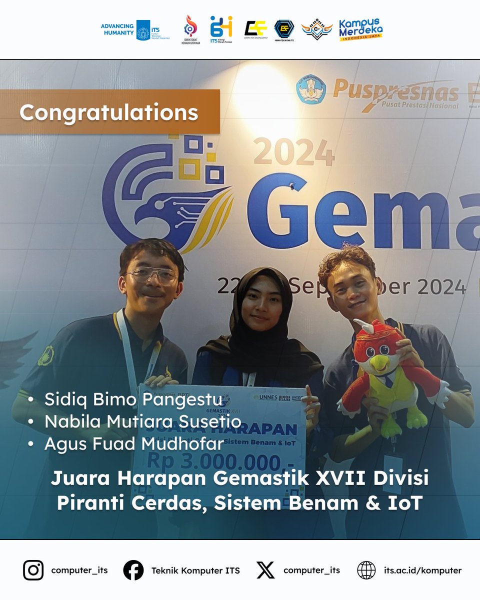Alhamdulillah. Selamat kepada Mahasiswa Teknik Komputer ITS meraih Juara Harapan Gemastik XVII Divisi Piranti Cerdas, Sistem Benam &amp; IoT.