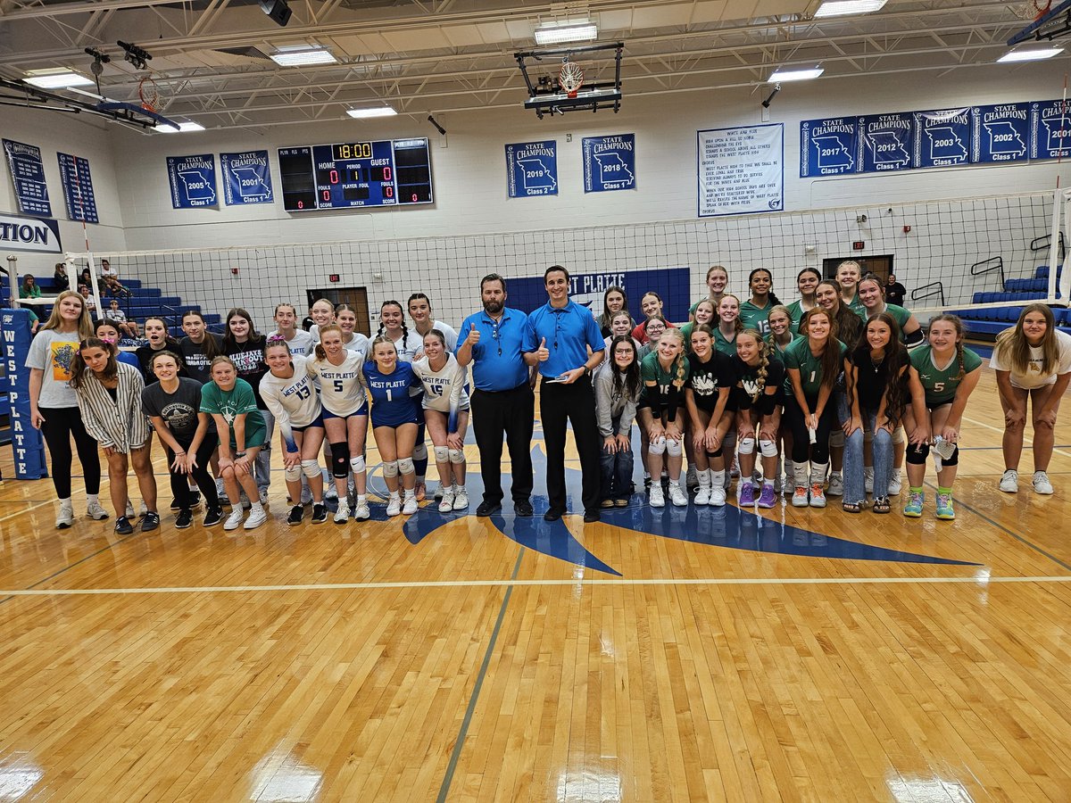 MBVolleyball2's tweet photo. Varsity and JV picked up conference wins tonight on the road at West Platte. We also got to share officials' appreciation week with the Blue Jay's and our officials Griffon and Chris https://t.co/93PiNuIwuK
