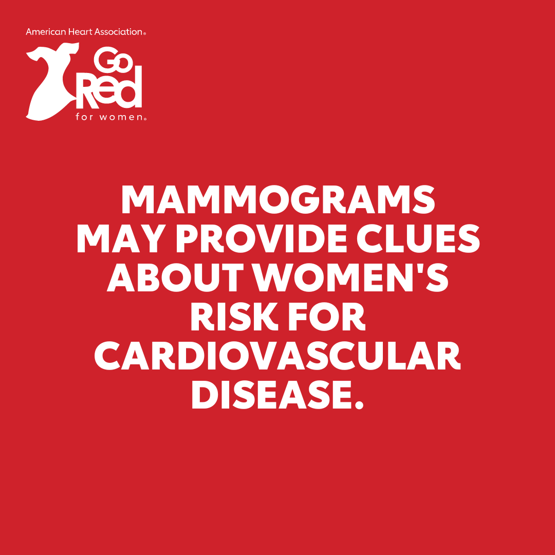 GoRedForWomen's tweet photo. Mammograms are key to early detection of breast cancer, and they can also provide clues to heart health. Women who have calcium build-up within the arteries of the breast are at a 51% higher risk for heart disease and stroke than women who do not. https://t.co/YxGnqXEUca