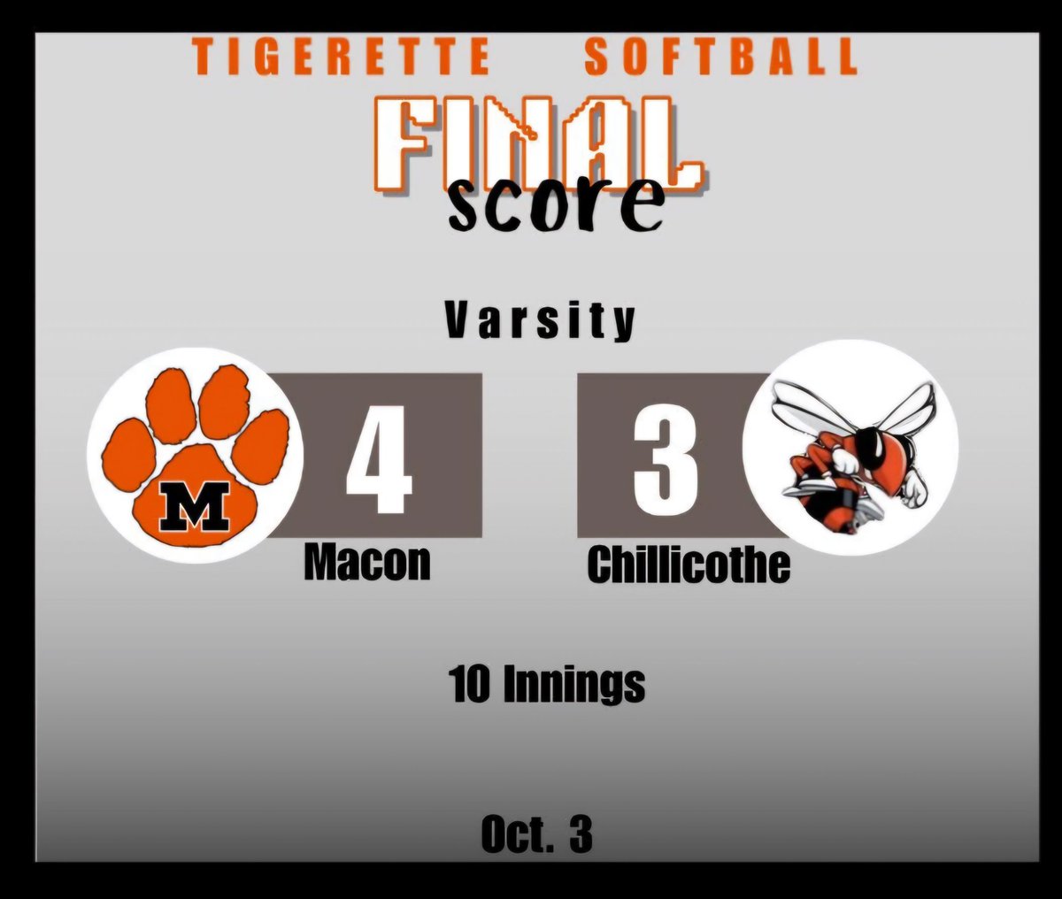 Tigerettes over class 3 state ranked # 3 Hornets in 10 innings.  Payton Weimer with the win. Presley Applebury with the winning hit. Junior Reece  Barnett recognized for or 100th career hit for the Tigerettes.