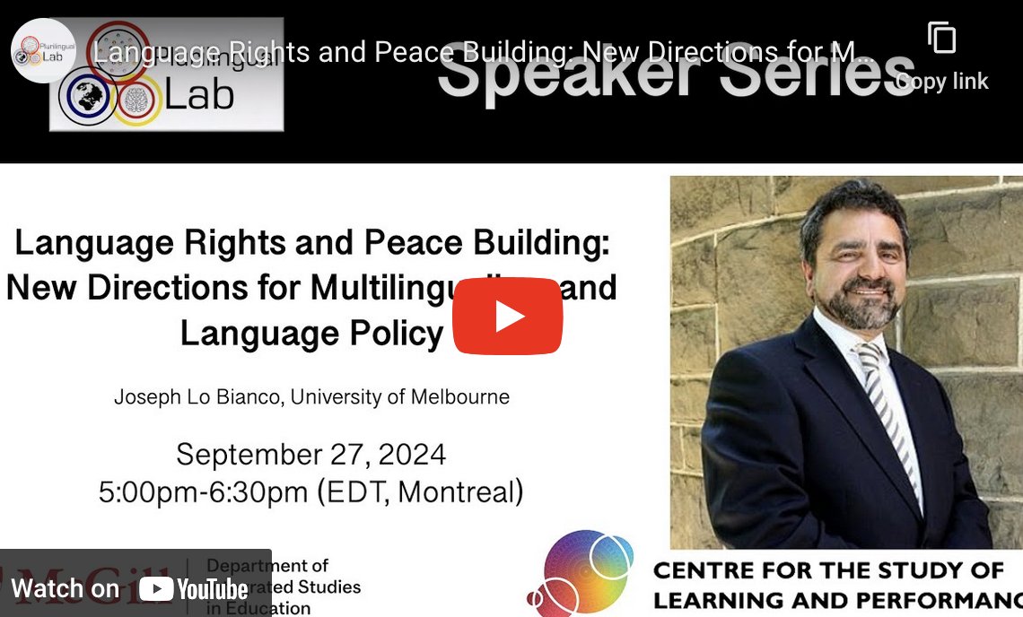 A huge thank you to Dr. Joseph Lo Bianco for his inspiring talk "Language Rights and Peace Building: New Directions for Multilingualism and Language Policy."  Thanks to all attendees for your support and participation. You can now watch it here⬇️
mcgill.ca/plurilingualla…