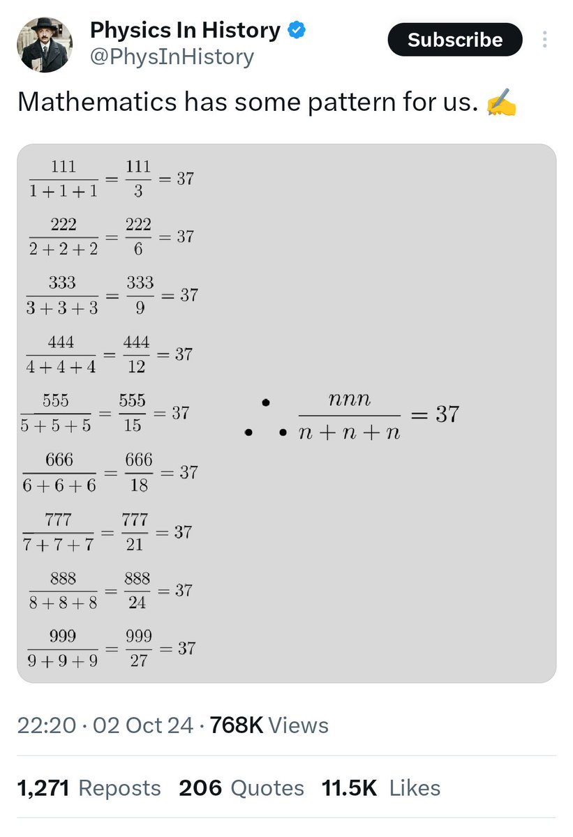 notkavi's tweet photo. Wow! Here's my favorite pattern

1/1 = 1
2/2 = 1
3/3 = 1
4/4 = 1
5/5 = 1
6/6 = 1
7/7 = 1
8/8 = 1
9/9 = 1 https://t.co/I99t9VaTH0