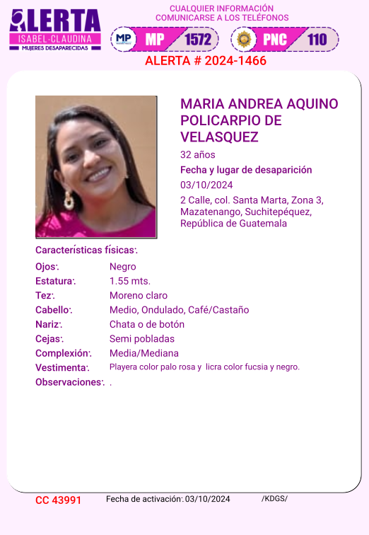 #AlertaIsabelClaudina
🚨 Ayúdenos a encontrar a
MARIA ANDREA AQUINO POLICARPIO DE VELASQUEZ
Desapareció el  03 de octubre de 2024
Cualquier información comunicarse al teléfono 📞 1572
Gracias por difundir esta información❗