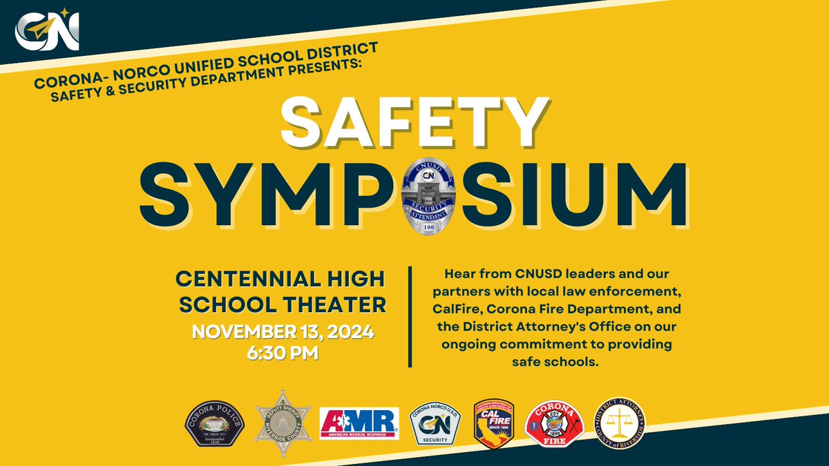 📅 Join us at our upcoming Safety Symposium! Learn about safety protocols, the dangers of fentanyl, and have an opportunity to ask questions. 

➡️ Wednesday, Nov. 13, 2024 at 6:30 p.m.
➡️ Centennial High School