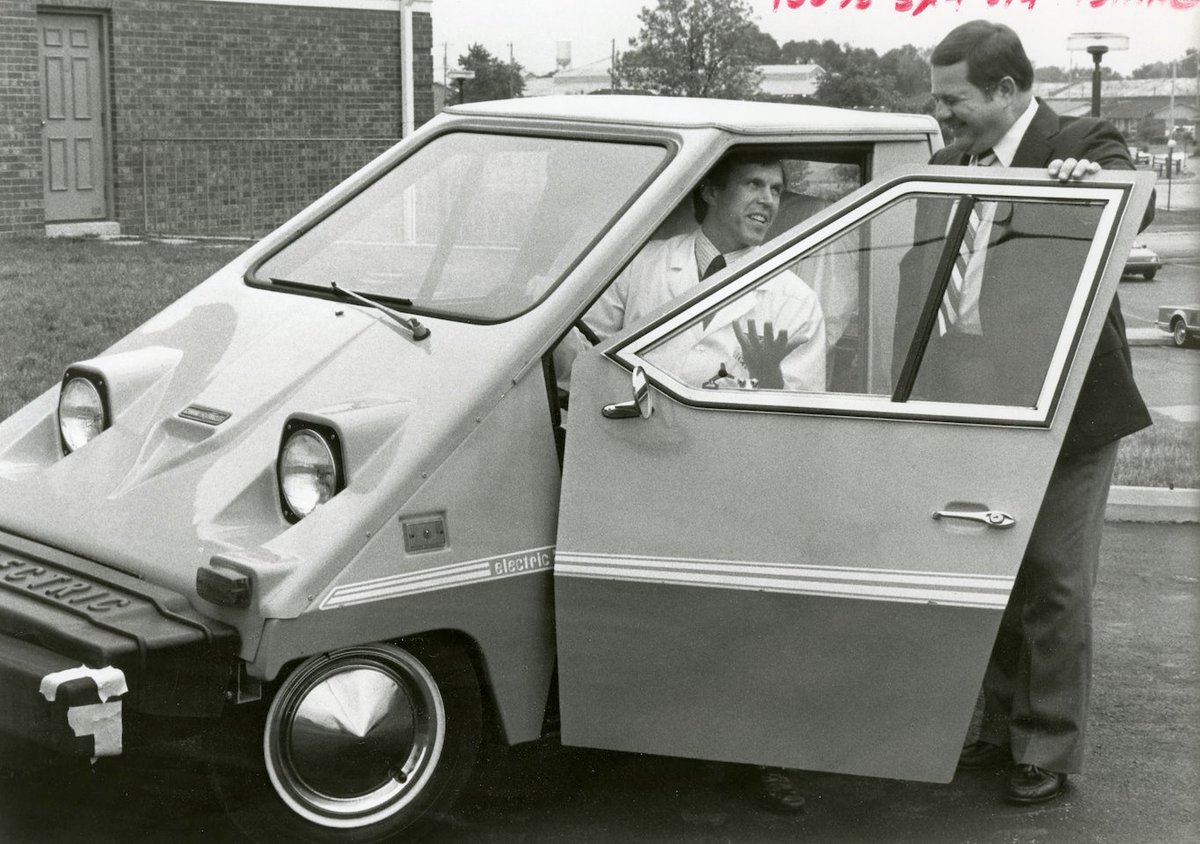 INarchivist's tweet image. Is this the ancestor of the cybertruck? This electric car was donated by Daisy Bowling Lanes in New Albany for a high school raffle in 1984. Maybe not a comfortable ride for #ArchivesOnTheRoad! 📷credit: @NAFCPL