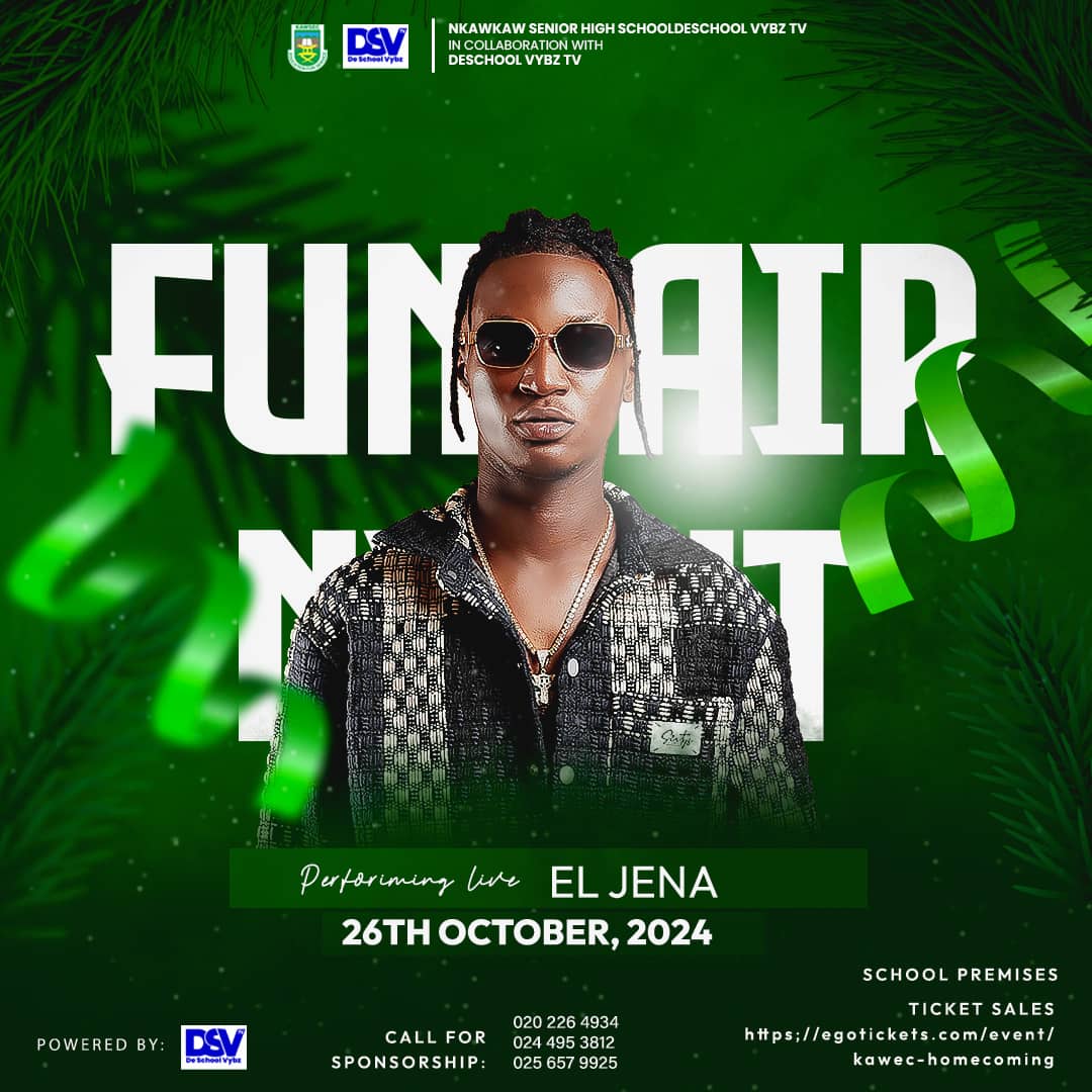 greatkawsec's tweet photo. We're proud to announce to y'all our performing guest artists. 

Guess what, @eljena_1 is repping live and you don't want to miss this 🔥🔥

Grab a ticket now! 

#greatkawsec #tokoliskawsec #nkawkawseniorhigh #nkawkawseniorhighschool #deschoolvybz #deschoolvybztv #Homecoming https://t.co/jW2f69esaF