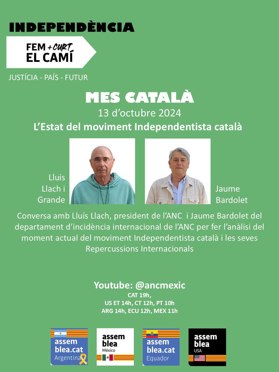 #ReservaLaData #SaveTheDate 
13 Octubre 2024
Conversa amb Lluís Llach, president de l’ANC i Jaume Bardolet del departament d’incidència internacional de l’ANC per fer l’anàlisi del momentactual del moviment Independentista català i les seves Repercussions Internacionals