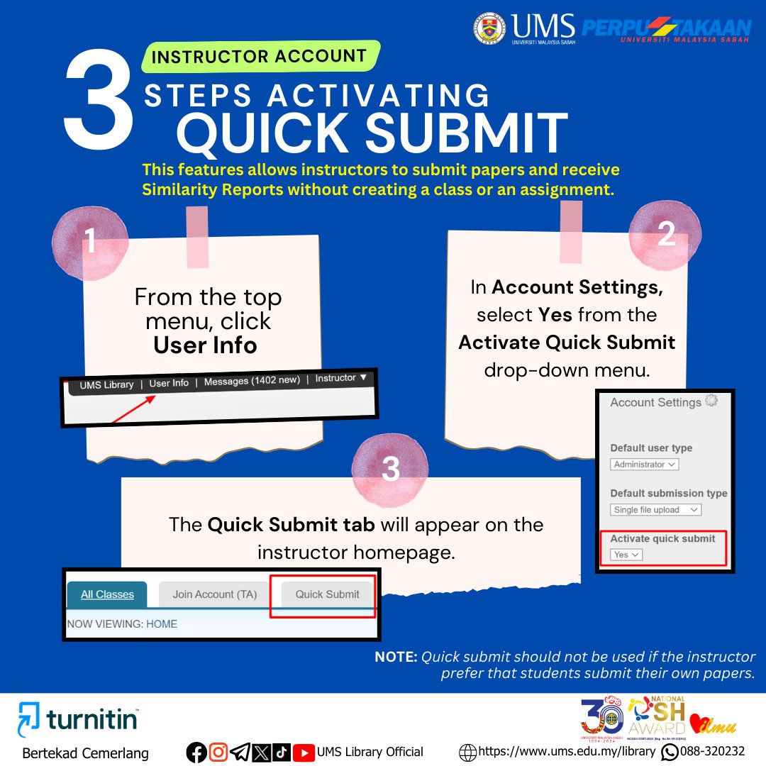 Lib_UMS's tweet image. Turnitin Quick Submit: A Simple Step

Activate Turnitin&apos;s Quick Submit in a few simple steps to make your plagiarism checks easier and faster!

Any issues, contact us at:
Email: library_info@ums.edu.my
WhatsApp: wa.me/088320232

#Turnitin
#QuickSubmit
#UMSLibrary