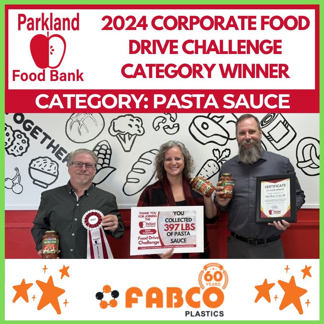 Congrats to FABCO Plastics  for winning their category in our 2024 Corporate Food Drive Challenge by collecting 397lbs of pasta sauce! Their enthusiasm and passion for community involvement is truly inspiring! Thank you FABCO Plastics 🥫🍝
