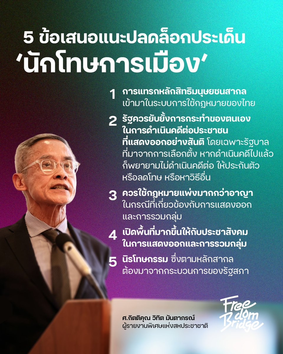 FreedomBridgeTH's tweet photo. ‘ศาสตราจารย์กิตติคุณวิทิต มันตาภรณ์’ จากคณะนิติศาสตร์ จุฬาลงกรณ์มหาวิทยาลัย และผู้รายงานพิเศษแห่งสหประชาชาติ ปาฐกถาพิเศษในหัวข้อ “TIES/THAIS THAT BIND: Embracing Rights and Freedom for All”
----
#ThailandPoliticalPrisoners
#FreeAllThaiPoliticalPrisoners
#FreedomBridge https://t.co/Xg00uUVayI