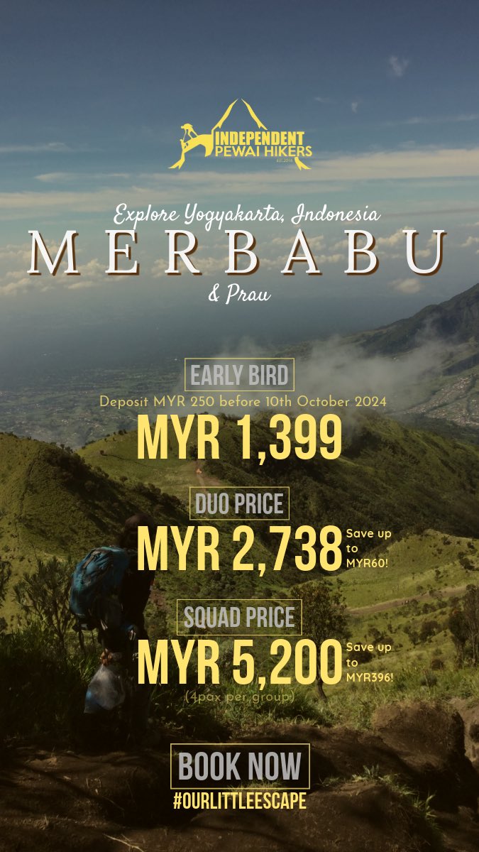 Explore Yogyakarta, Indonesia (5D4N)
Mt Merbabu &amp; Mt. Prau

For more info, contact 👇🏽
📲: ezmir.wasap.my
Telegram : t.me/ourlittleescape