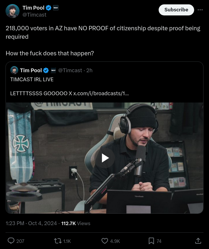 PimToolNews's tweet image. Tim Pool, as per usual, is completely lying about what happened with Arizona&apos;s voter registration system. On his show today, he was busy ranting about how this was all part of the &quot;shadow campaign&quot; to elect Harris by letting illegal immigrants vote.