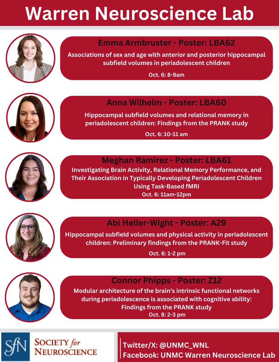 UNMC_WNL's tweet photo. Are you attending #SfN2024? Be sure to visit our students and staff as they present posters showcasing data from the PRANK study! https://t.co/UVQ3LFvfMG
