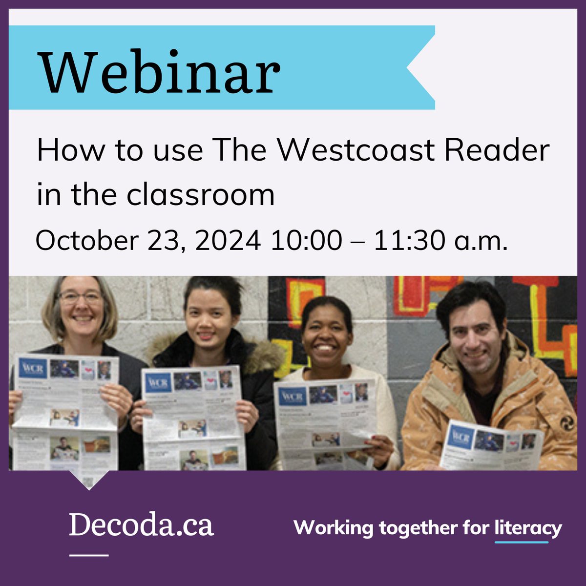decodaliteracy's tweet image. 📰 Join The Westcoast Reader's Co-editor and Training Specialist Jade Chan to learn how to use the newspaper for learners in your classroom. 

👉 Register for the free webinar at: us02web.zoom.us/meeting/regist…
@westcoastreader

#FreeWebinar #Newspaper #Literacy #AdultLiteracy