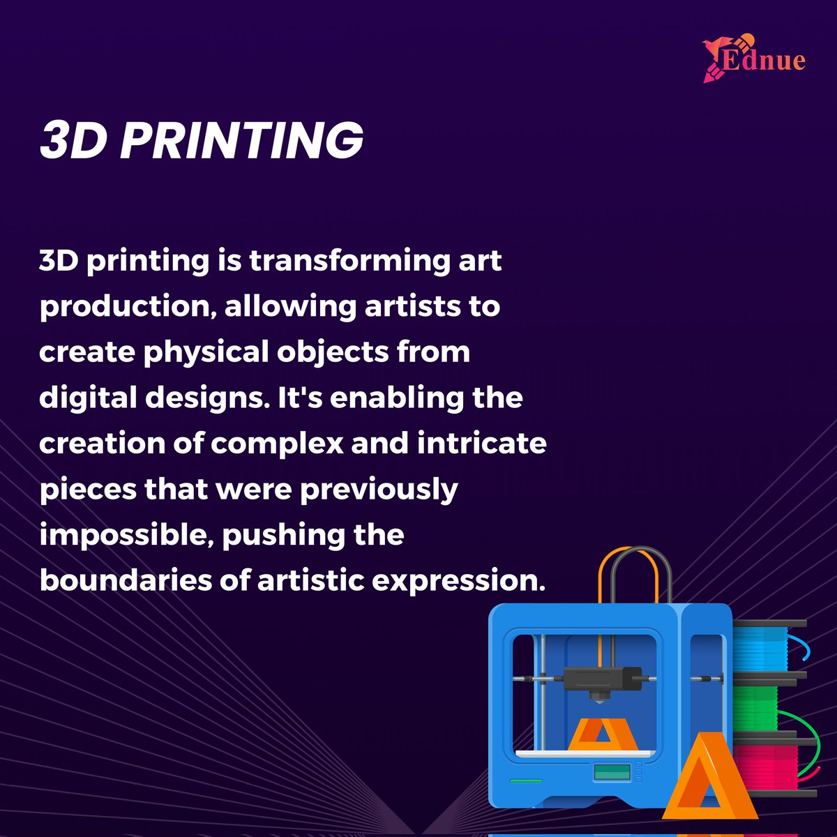 ednuetech's tweet photo. 🌟 When Art meets Algorithm 🌟

Digital art, 3D printing, and virtual reality are transforming creativity as we know it. Imagine galleries where art is not just seen but experienced—where technology breathes new life into every piece.

 #DigitalArt #3DPrinting #VirtualReality https://t.co/E5A6umZgqY